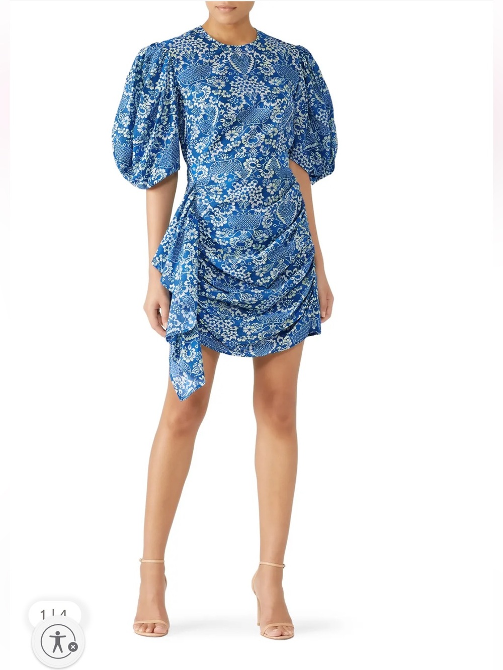 RHODE Blue Floral Puff-Sleeve Ruched Mini Dress L